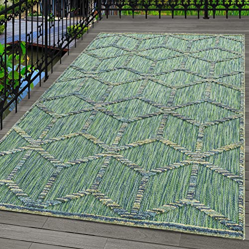 Alfombra para exteriores, balcón, terraza, bohemio, diseño de Skandi, color verde, tamaño: 120 x 170 cm Cover