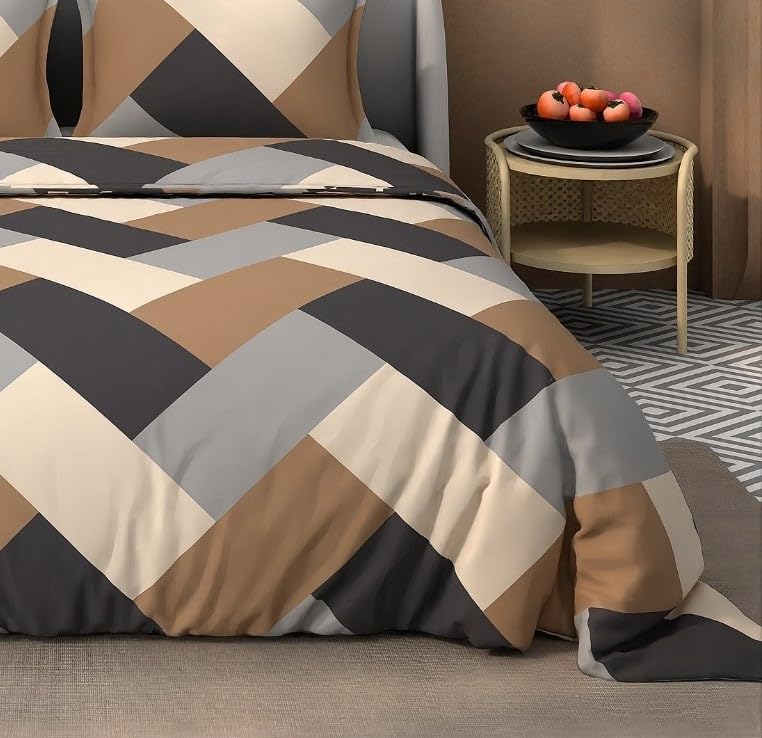 Image of DECOMIZER Super Soft Glace Cotton King Size AC Comforter || Blanket || Duvet with 1 King Size Elastic Fitted Bedsheet 72 inchX78 inch Inch and 2 Pillow Cover - 4 Piece Comforter Set - Beige Cross Grey