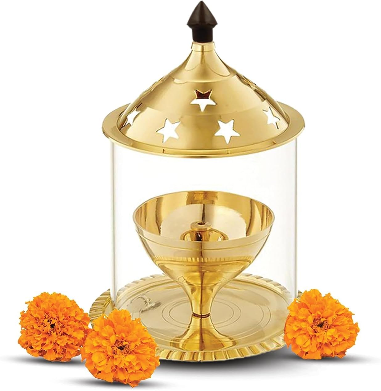 Akhand Jyot Decorative Brass Pooja Diya for Pooja & Other Religious Rituals& with Borosilicate Glass Cover for Home,Office & Temple| Traditional Gifting Item