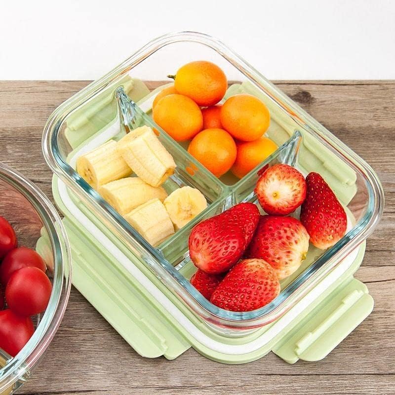 Image of 3 Compartment Rectangular Lunch Box, Food Storage Container with Air Vent Lid, Glass Storage Bowl with Clamp for Office School and Travel 1000ML Pack of 1 (Multi-Color)