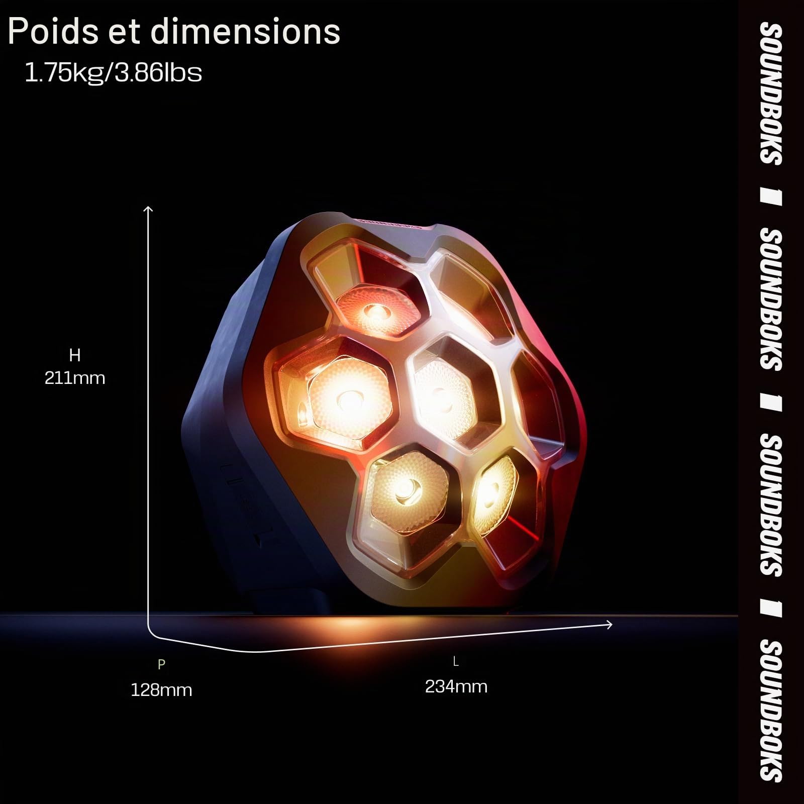 SOUNDBOKS LightBoks Lampe de fête portable audio réactive, contrôle de la musique avec contrôle par application, étanchéité IP65, connexion TeamUp, idéale pour l'extérieur et les événements