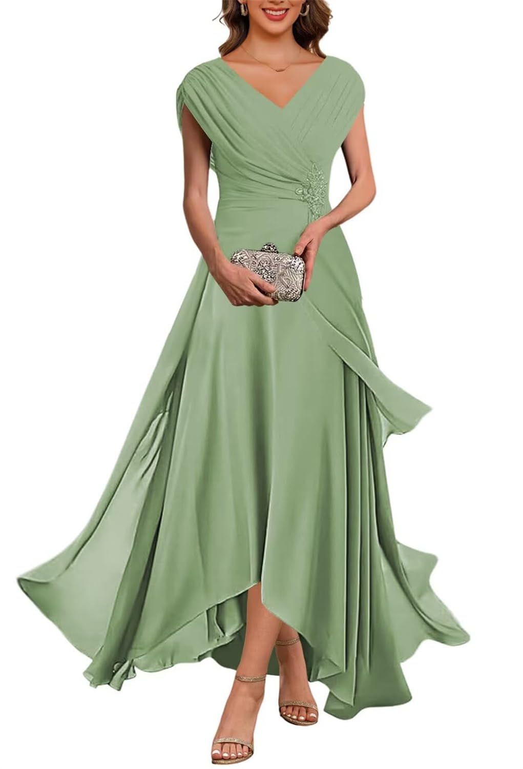 Kurface Women's Dusty Sage Long Mother Of Groom Dresses Pleated Chiffon Formal Evening Dress For Party Gown Uk16