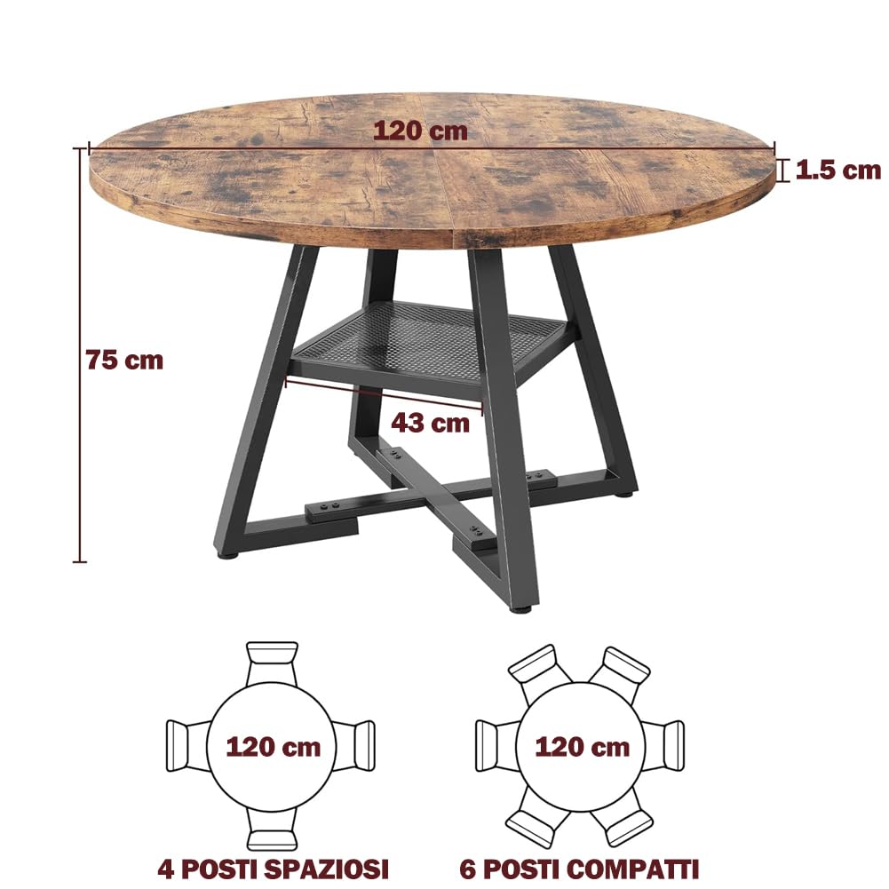 Shally Dogan Tavolo Rotondo per Sala da Pranzo e Cucina Diametro 120cm, Gambe in Metallo con Ripiano Portaoggetti Inferiore e Piano in Legno, Ideale per Casa e Ufficio, Industrial