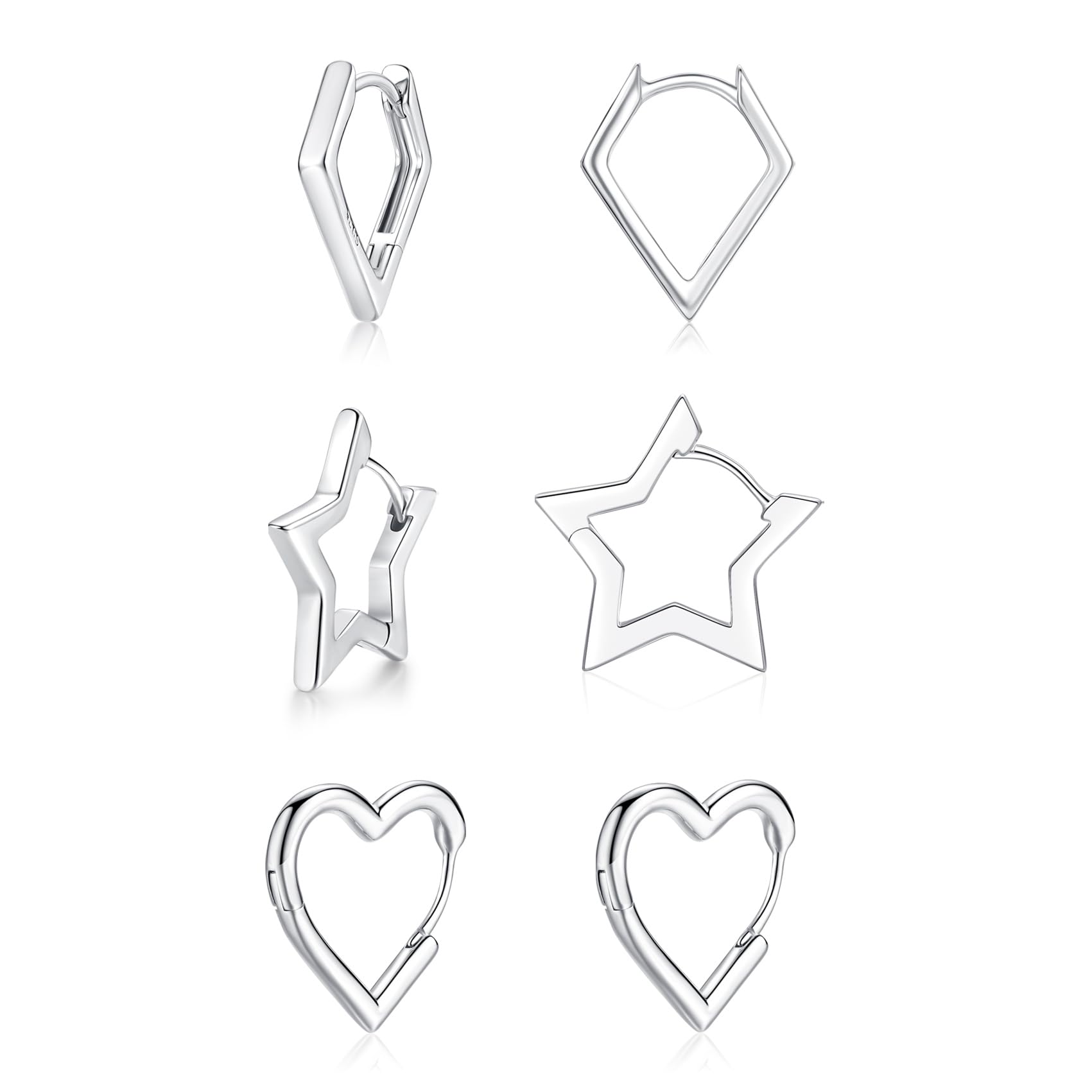 LoutadeSilver Hoop Earrings for Women, 3 Pairs 925 Sterling Silver Star Heart Rhombus Hoop Earrings Set, Hypoallergenic Earrings Simple Lightweight Geometric Silver Sleeper Earrings for Girls Men