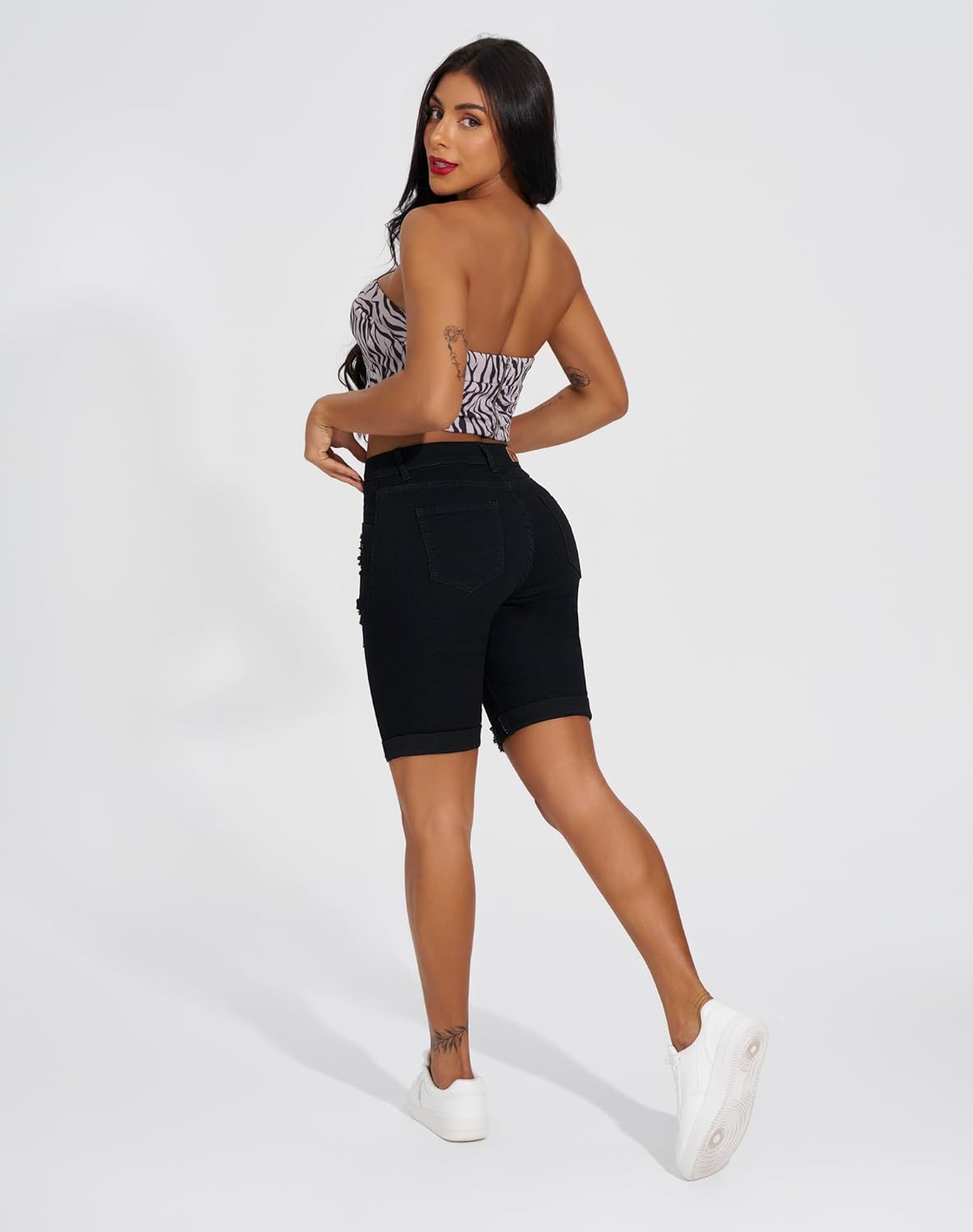 roswear Women's Ripped Denim Destroyed Mid Rise Stretchy Bermuda Shorts Jeans - Image 3