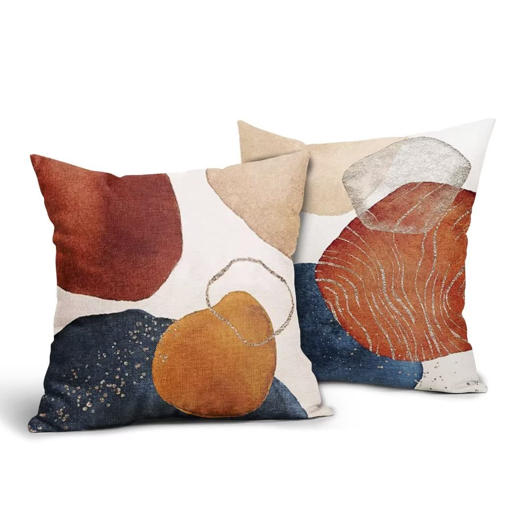 Burnt Orange Boho Pillow Covers 18x18 Inch Set Of 2 Abstract Geometric Morocco Throw Pillow Covers Navy Blue Modern Home Decor Linen Cushion Pillow Case for Sofa Bedroom Outdoor Indoor Decoration
