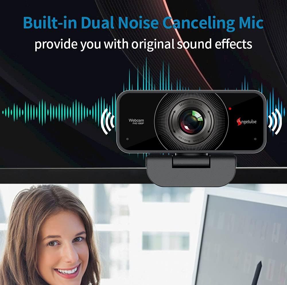 oferta webcam with a graphic illustrating its built-in dual noise-canceling microphone technology.
