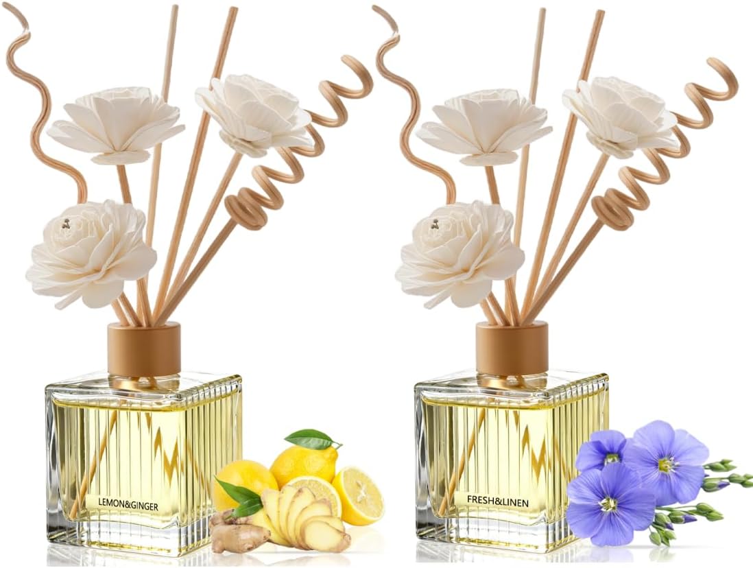 Lemon & Fresh Linen Premium Reed Diffuser Duo - 2×200ml Glass Bottles with Natural Rattan Sticks & Dried Flowers | Energizing & Clean Home Fragrance Set for Living Room, Bedroom, Office, Kitchen | Upl