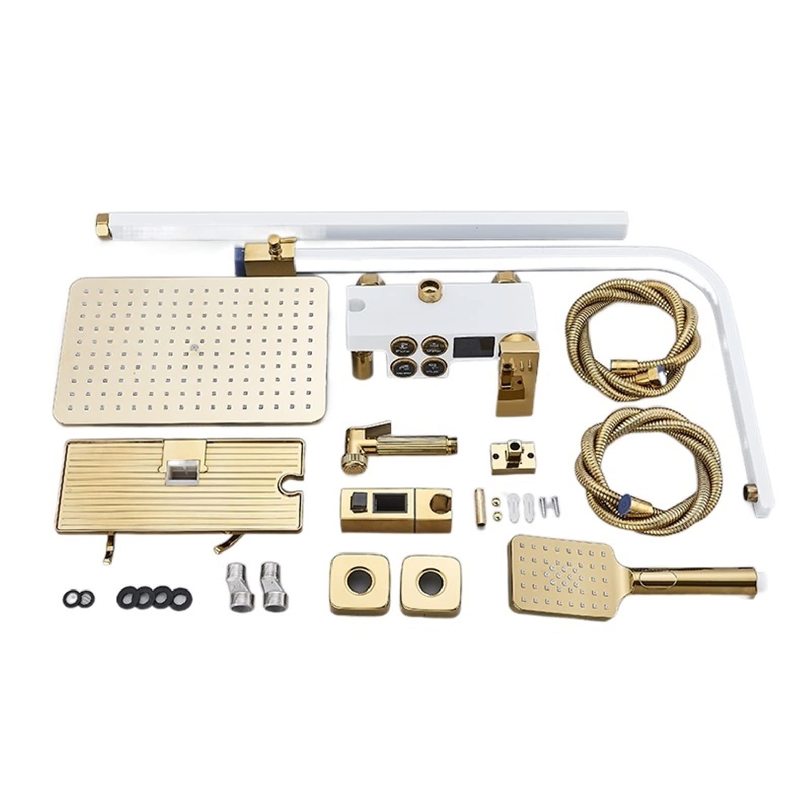 Shower System, LCD Thermostatic Shower Set White and Gold Rainfall Bathroom Faucet System with Handshower and Bidet Tap with Tub Spout(Thermostatic 003)