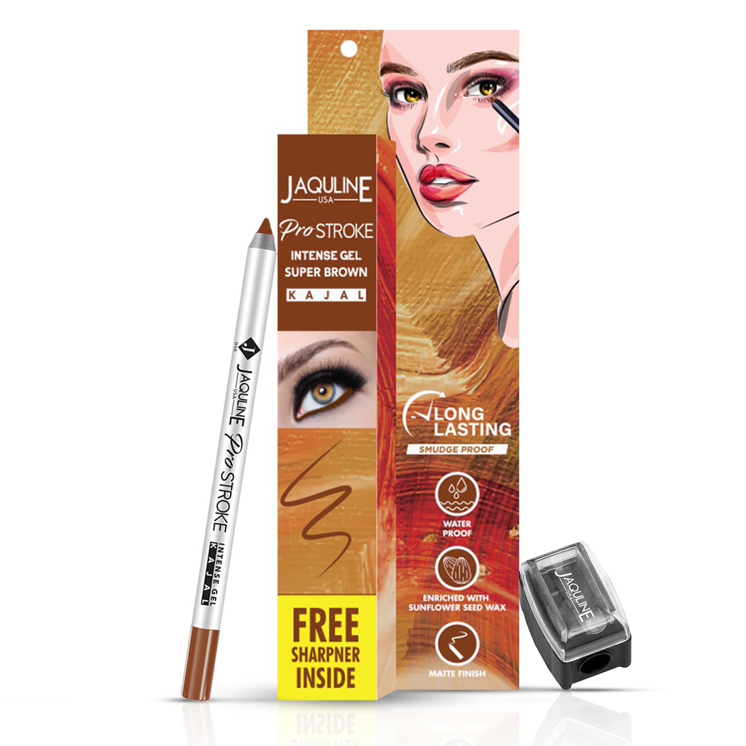 JAQULINE USA ProStroke Intense Gel Kajal | Highly Pigmented | Waterproof | Smudgeproof | Matte Finish | Long Lasting | Quick Drying | Precise Application - Super Brown,1.2g