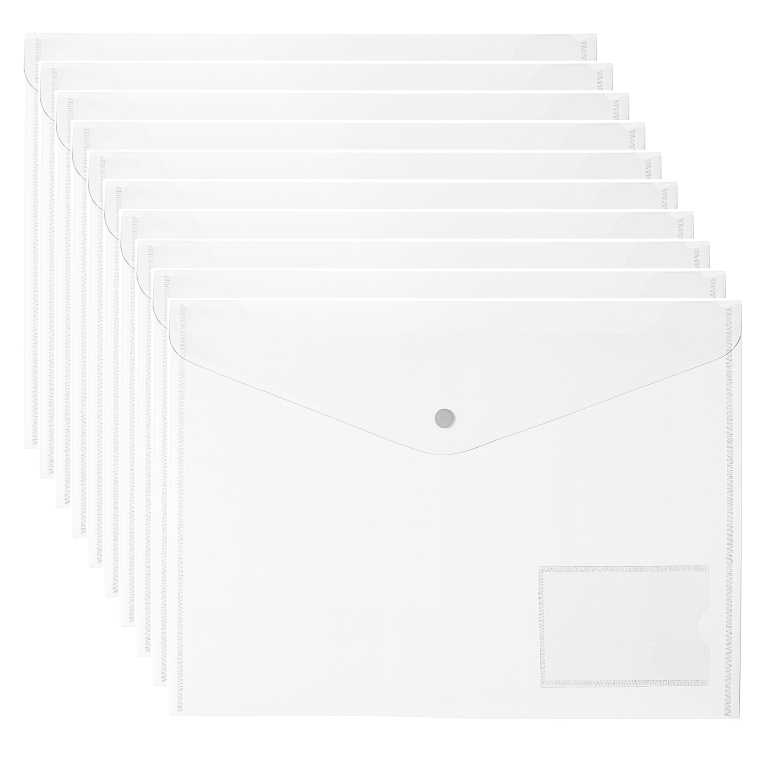 SOMCO - Pack of 10 - A4 Clear Plastic Wallets - Popper Document Folders with Label Pocket & Snap Button - Transparent Folders - Waterproof Clear Envelope for Home, Office, School & Meetings (10)