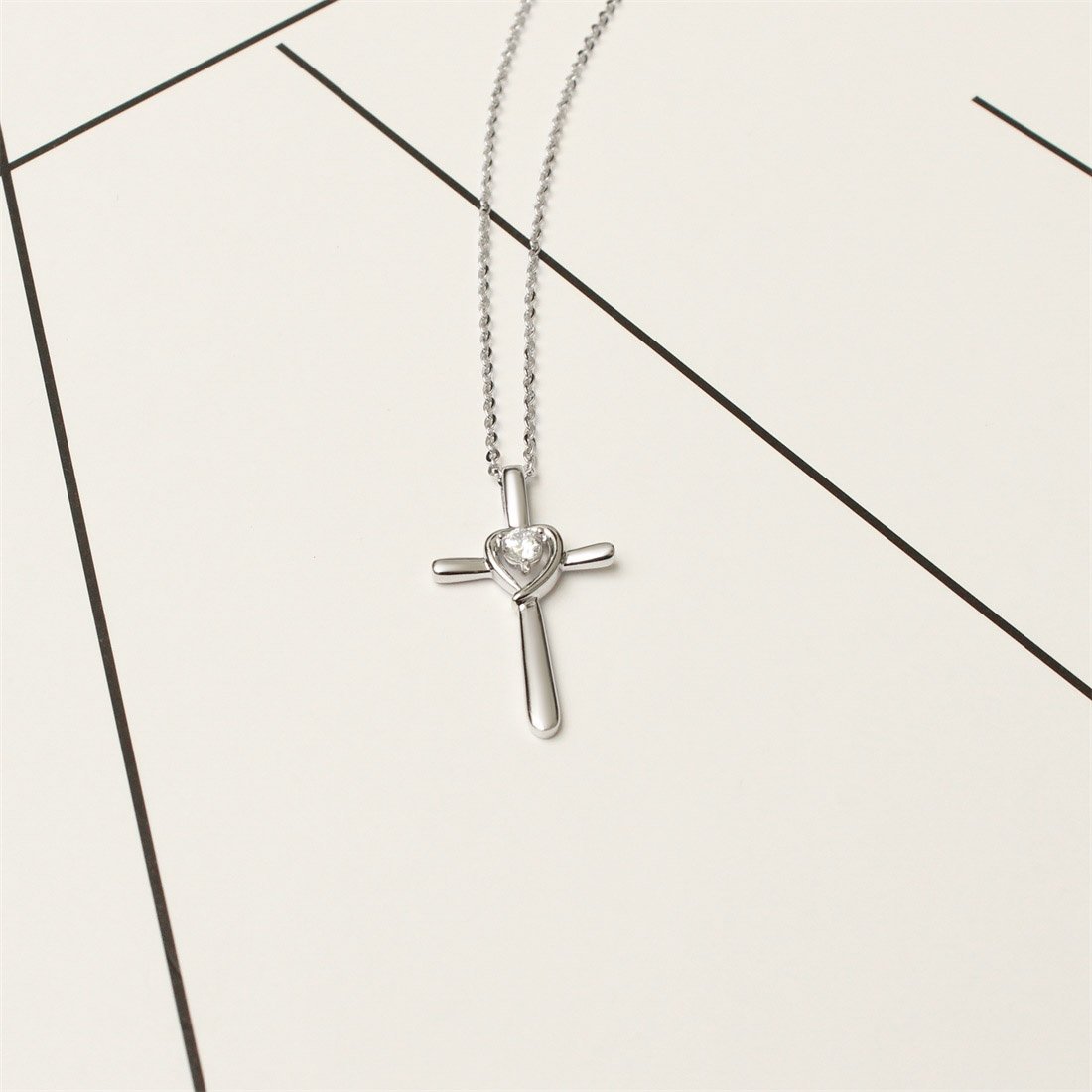 Collar con Colgante de Cruz Cristiana Corazón para Mujer de Plata de Ley 925 y Piedras Preciosas Zirconia - Longitud Cadena: 40 + 5 cm