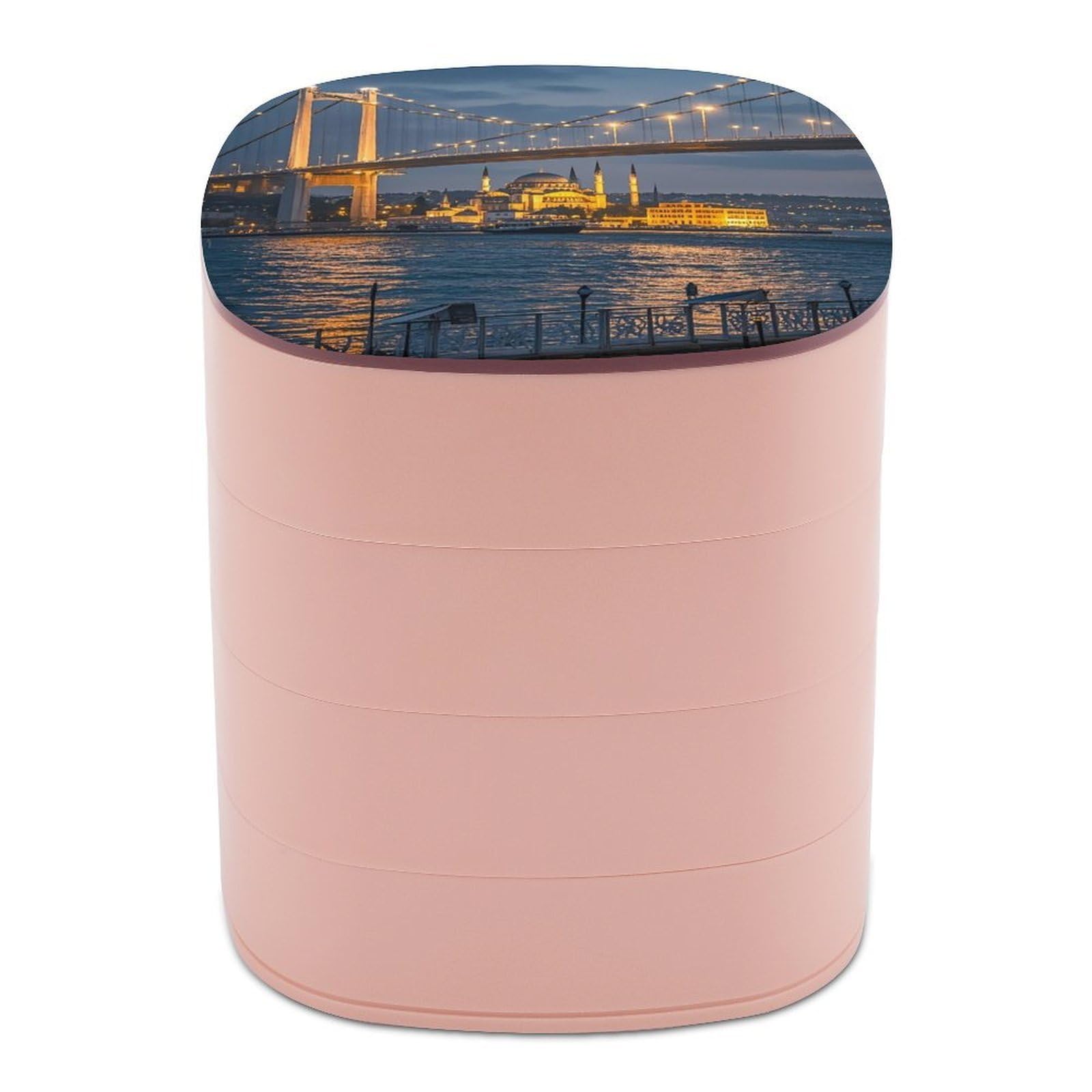 LZQPOEAS Strait Bridge Jewelry Box with Mirror 4-Layer Rotating Travel Jewelry Case Small Jewelry Organizer Portable Jewelry Storage Box Rings Stud Necklaces Earring Holder for Women