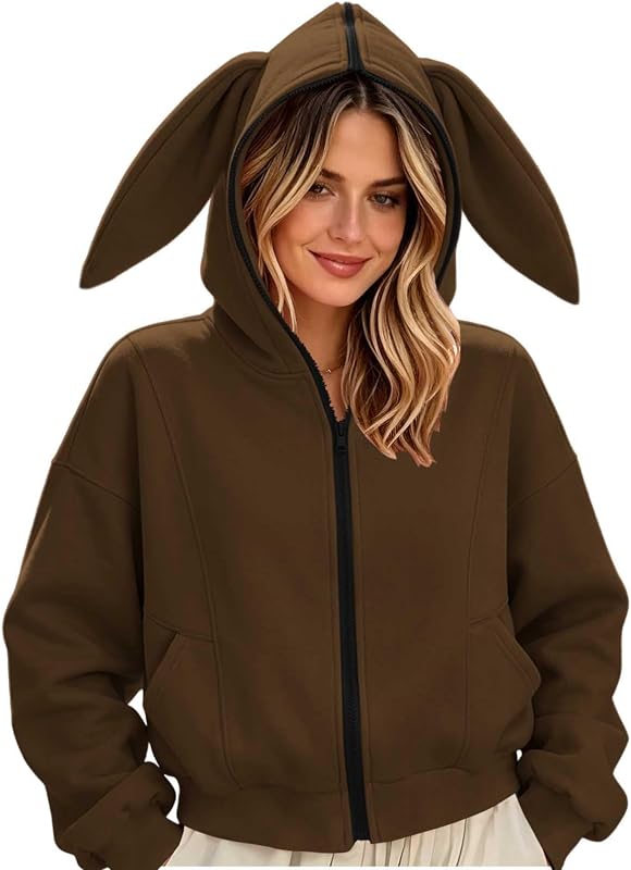 Womens Cute Bunny Ear Coat Zip Up Cropped Oversized Sweatshirt