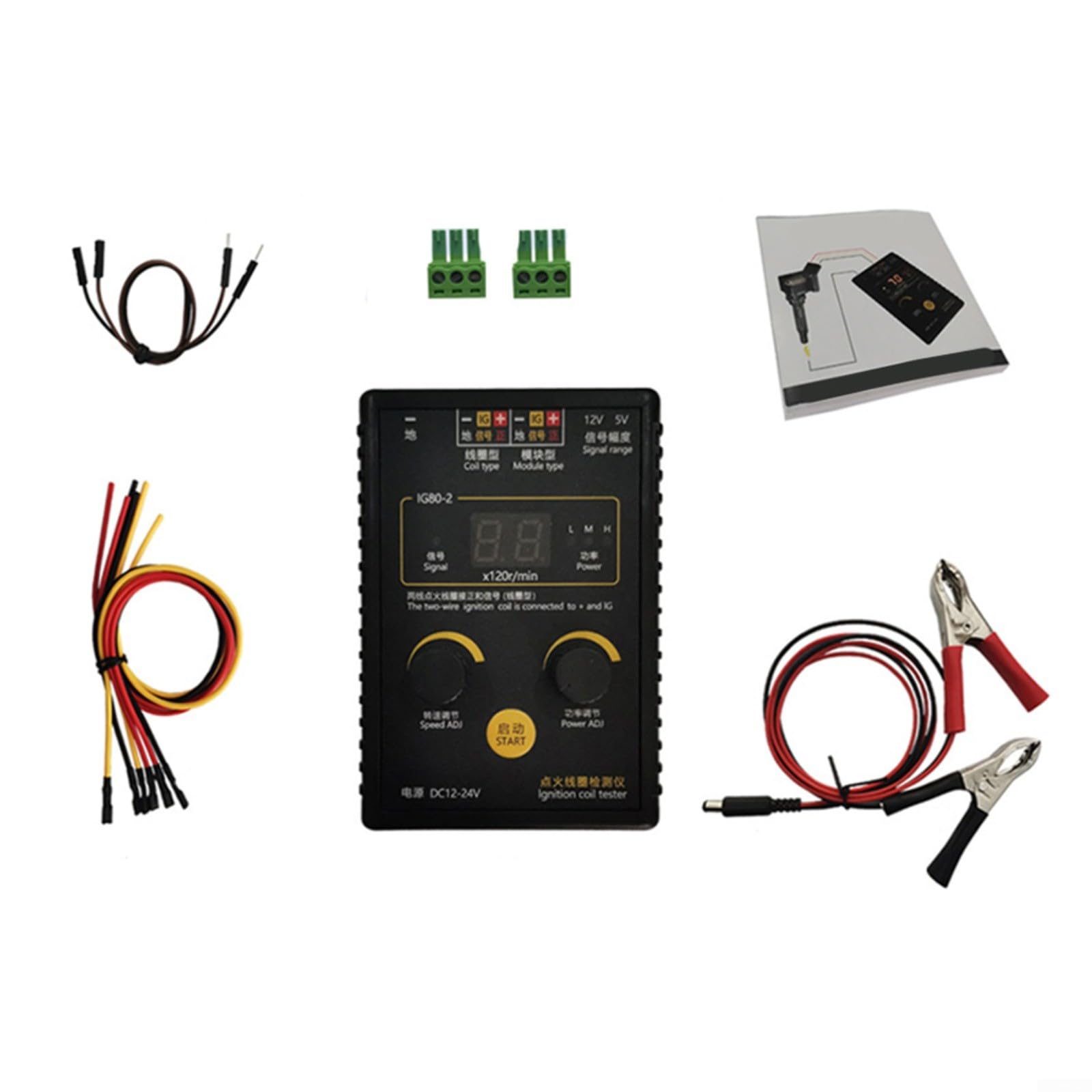IG80-2 Zündspulen Tester für 12V-24V Fahrzeuge, Erdgas &, Prüfgerät mit einstellbarer Leistung, 2-7 Pin Spulen, Schwarz