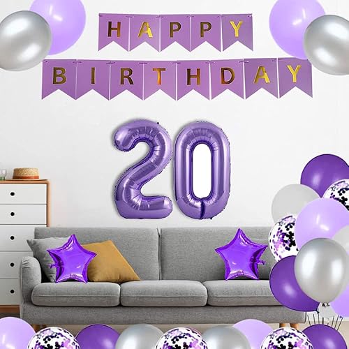 Miniatura 6 de Decoraciones de fiesta de cumpleaños número 20, pancarta de papel morado de feliz cumpleaños, 40 pulgadas, número 20, banda de látex y globos de