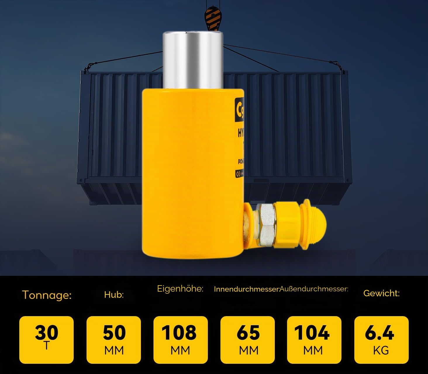 CGOLDENWALL Hydraulikzylinder 30T, Hub 50mm, Selbsthöhe 108mm, Nutzfläche 50,24 cm², für Gebäude und Brücken (RSC-30T)