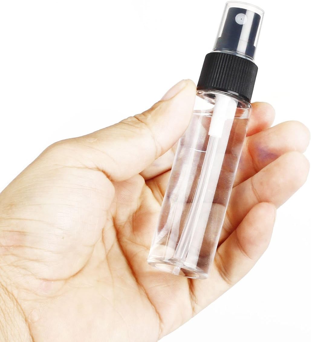 waka 12 Pack 1oz/30ml Empty Small Spray Bottle, Clear Plastic Fine Mist Mini Spray Bottle for Travel, Cleaning, Essential Oils, Perfume + Microfiber Cleaning Cloth