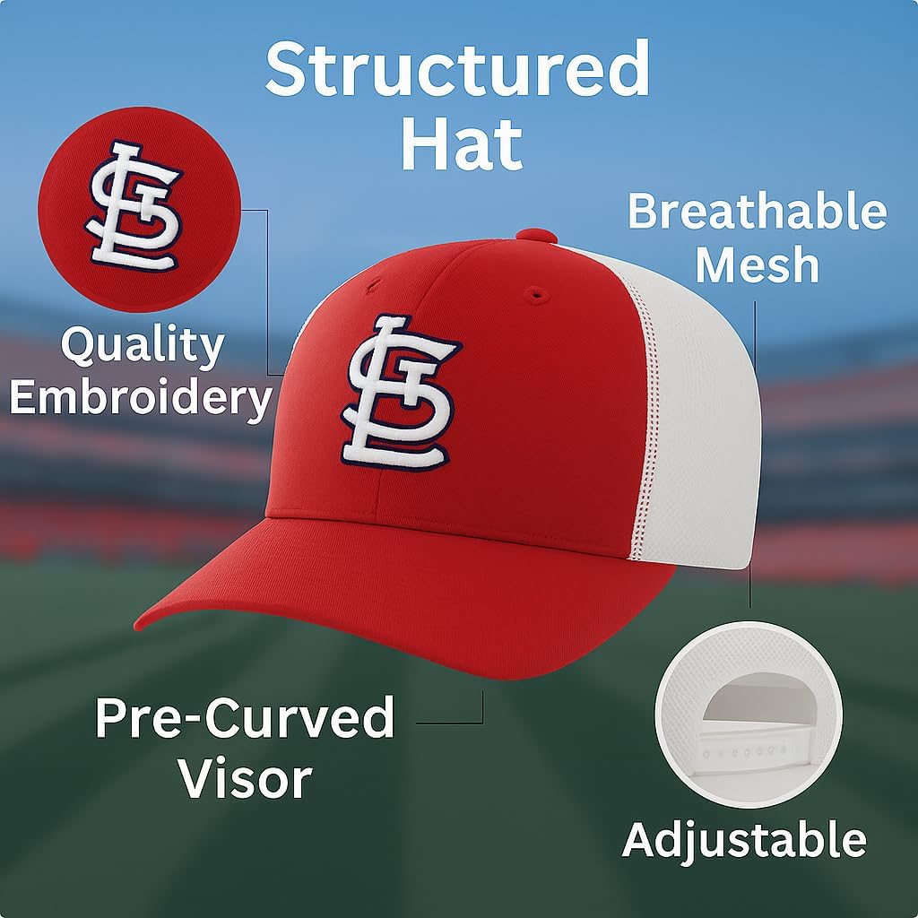 Officially Licensed St. Louis Baseball Mesh Trucker Hat Classic Red/White Embroidered Team Logo Adjustable Structured MVP Cap