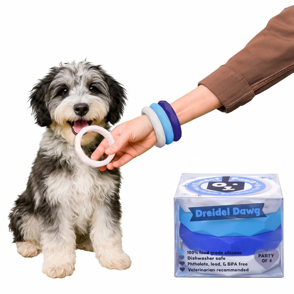 SWEET PAWS Dreidel Dawg Kauspielzeug für Welpen, tragbar, Hanukkah-Stack, klein, blau/weiß