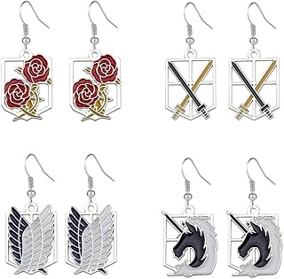 4 Pack One Set anime Attack Merchandise Earrings Wings of Liberty and 4 big regiments inspired Titan Pendants Silver Plated Dangle Earring Shingeki No Kyojin Cosplay Hook Ear ring Gifts for Fans