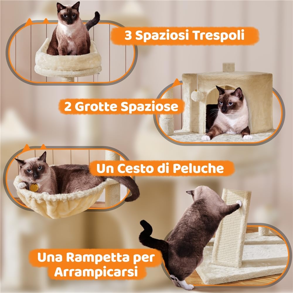 Yaheetech Albero Tiragraffi per Gatti 174 cm Gattini Giocattolo con Sisal Naturale Beige 55 x 55 x 174 cm