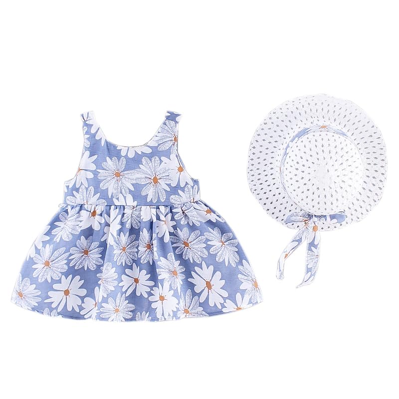 Summer Girls' Floral Sleeveless Dress with Bow and Sun Hat, Blue2