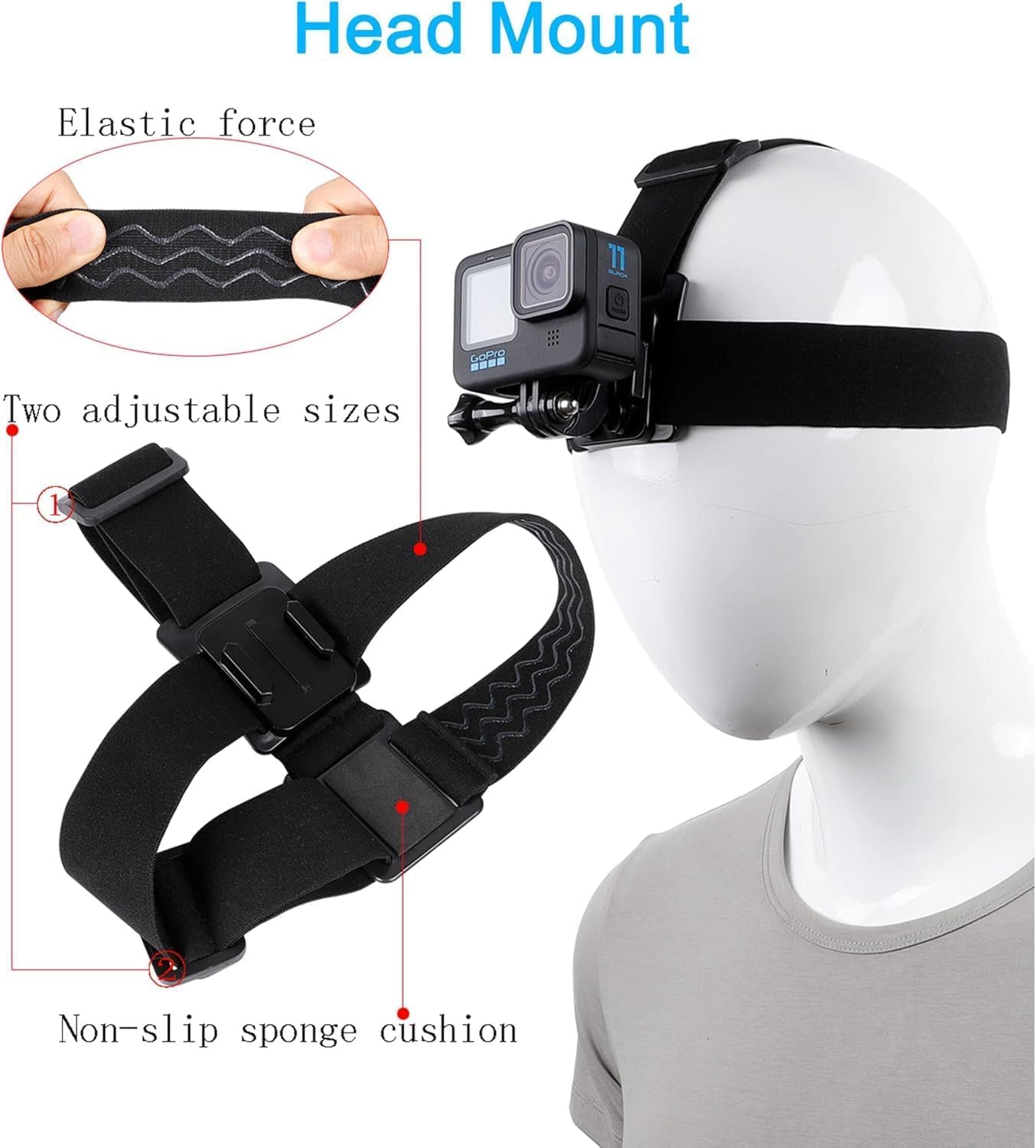 Head Strap Mount for gopro Hero 13/12 / 11/10 / 9/8 / 7/6 / 5/4 β Adjustable Head Belt with Action Camera Mount for POV Shooting, Compatible with DJI & Insta360 1