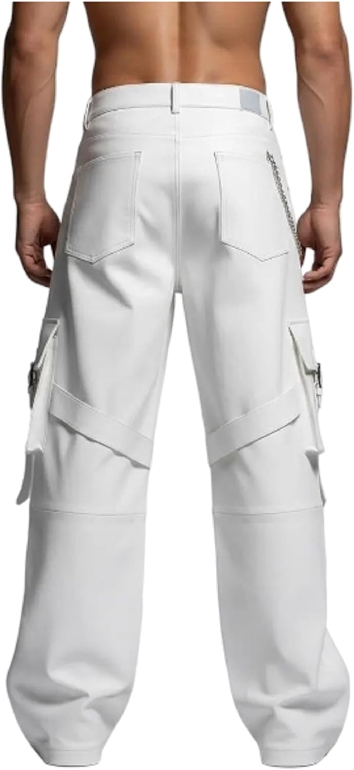 Mens Trendy Leather Cargo Pants White Wide Leg Relaxed Fit Streetwear Trousers