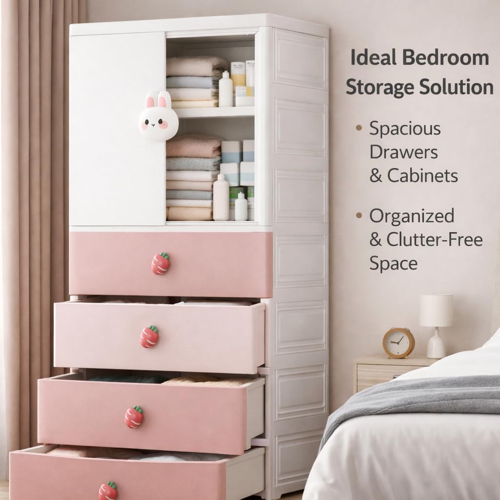 AYSIS Kids Plastic Collapsible Wardrobe Organizer for Storage with Drawers | Cute Cartoon Design | Heavy Duty Cloth Organizer for Storage | Easy to Assemble | Perfect for Kids Room & Home | Pink 3