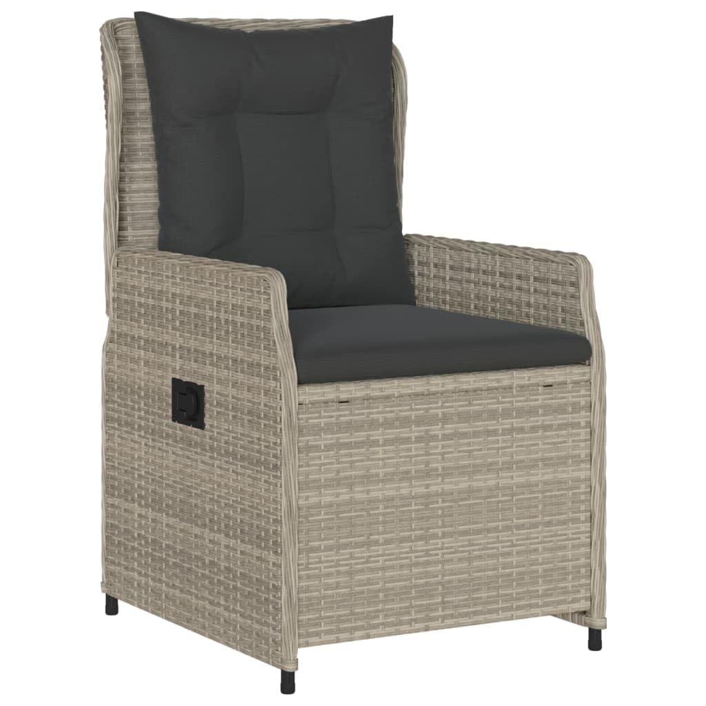 5-częściowy zestaw do jadalni ogrodowy, jasnoszary, polirattanowy z poduszkami, regulowanymi krzesłami i szklanym stołem, do użytku na zewnątrz i na taras