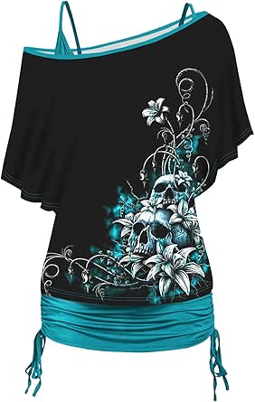 Gothic Tops DRESSFO Women's Gothic Tie Dye Skull Top - Ruched Lace Trim With Snake Buckle & Flare Sleeves Snake Top Women