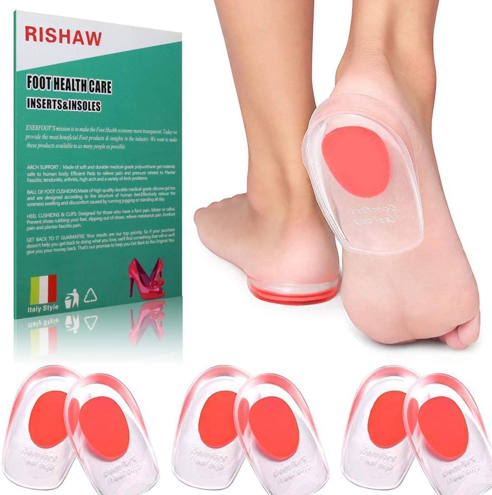 Einlegesohlen, Fersenpolster aus Silikongel gegen Fersenschmerzen, Knochensporn- und Achillessehnenschmerzen, Gel-Fersenkissen -schalen, Polster stoßdämpfende Unterstützung(Red(women's),S(34 39))