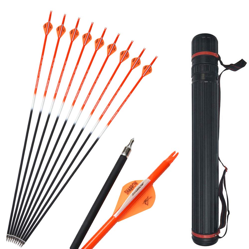 12pcs Archery Carbon Arrows 30 inch Hunting Target Arrows 500 Spine with Arrow Quiver for Recurve Compound Bow Shooting (Orange+Quiver)
