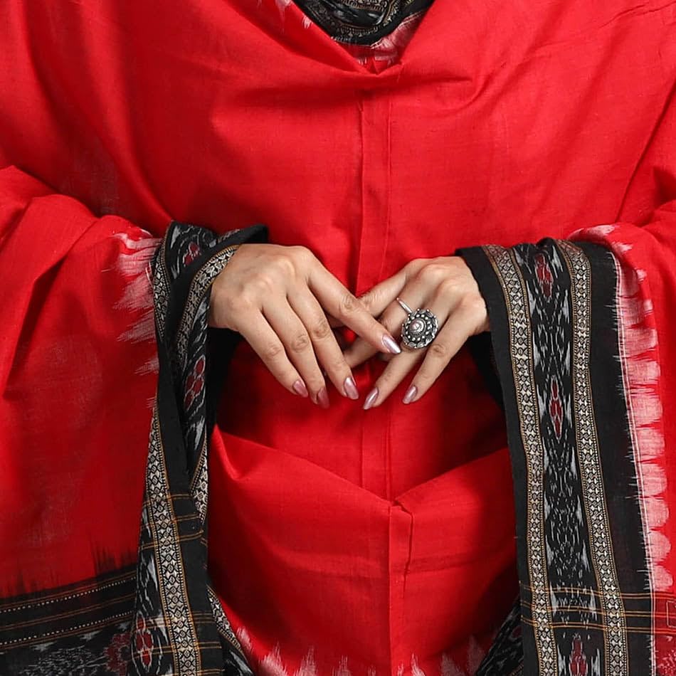 Image of Cotton Dupatta with weaving and Ikat woven border from the Weavers Stole for Girls & Women