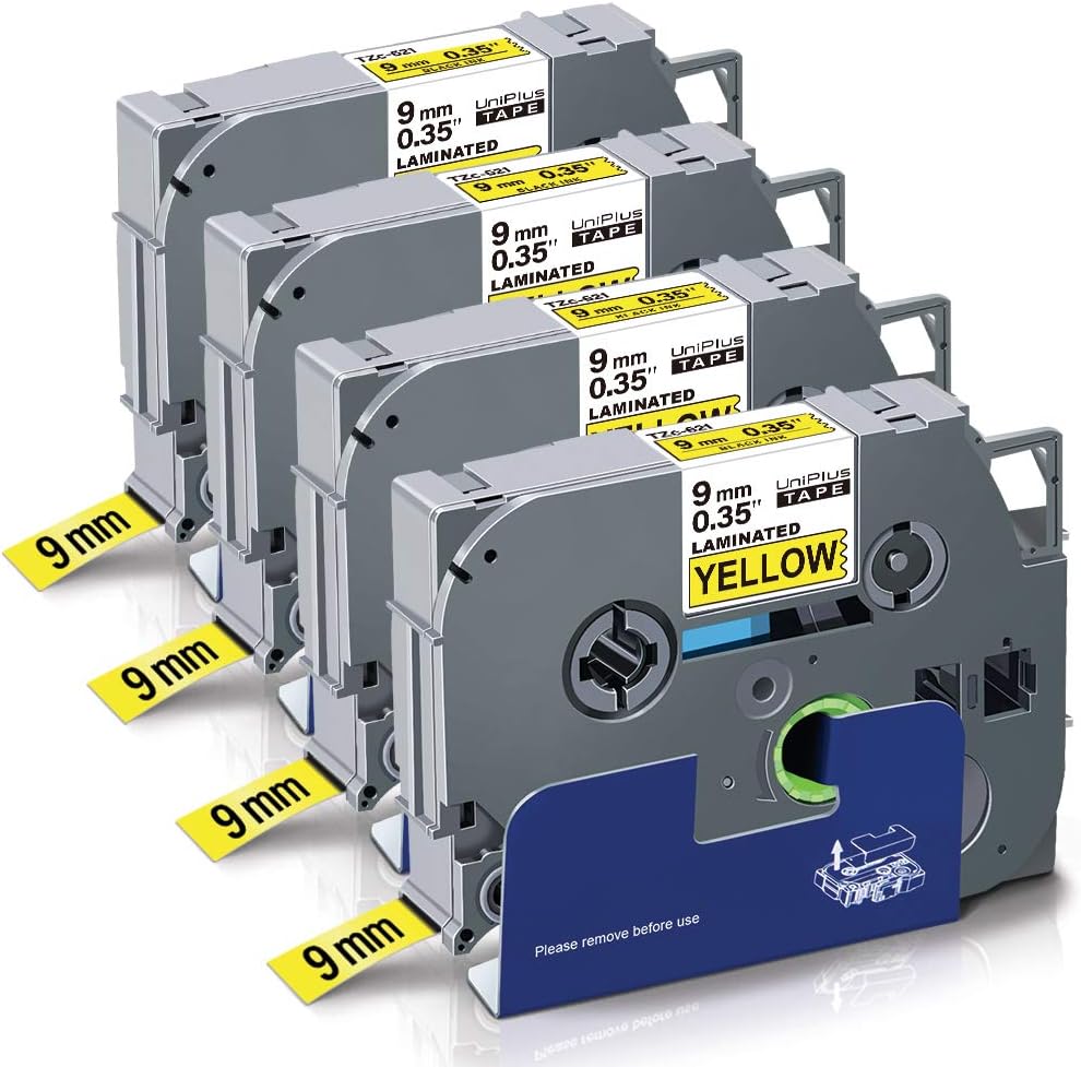 UniPlus Compatible TZe Label Tape Replacement for Brother Tzc Tape 9mm Tze-621 Tze621 Tz-621 Tz621 Work with PT-D210 GL200 PT-H300 1005 H107 1000 PT-1010 PT-1280 PT-E110, Black on Yellow, 4-Pack
