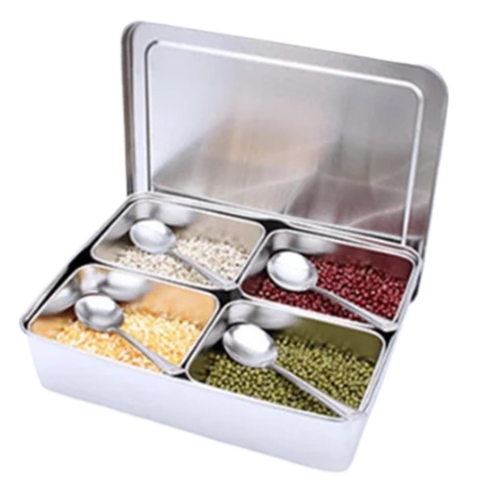 UBOHUZ Kitchen Food Storage Container Compartments Stainless Steel Seasoning Box Containers With Lid Rectangle Chef Tools for Kitchen Condiment(4grid 29x23xH7cm)