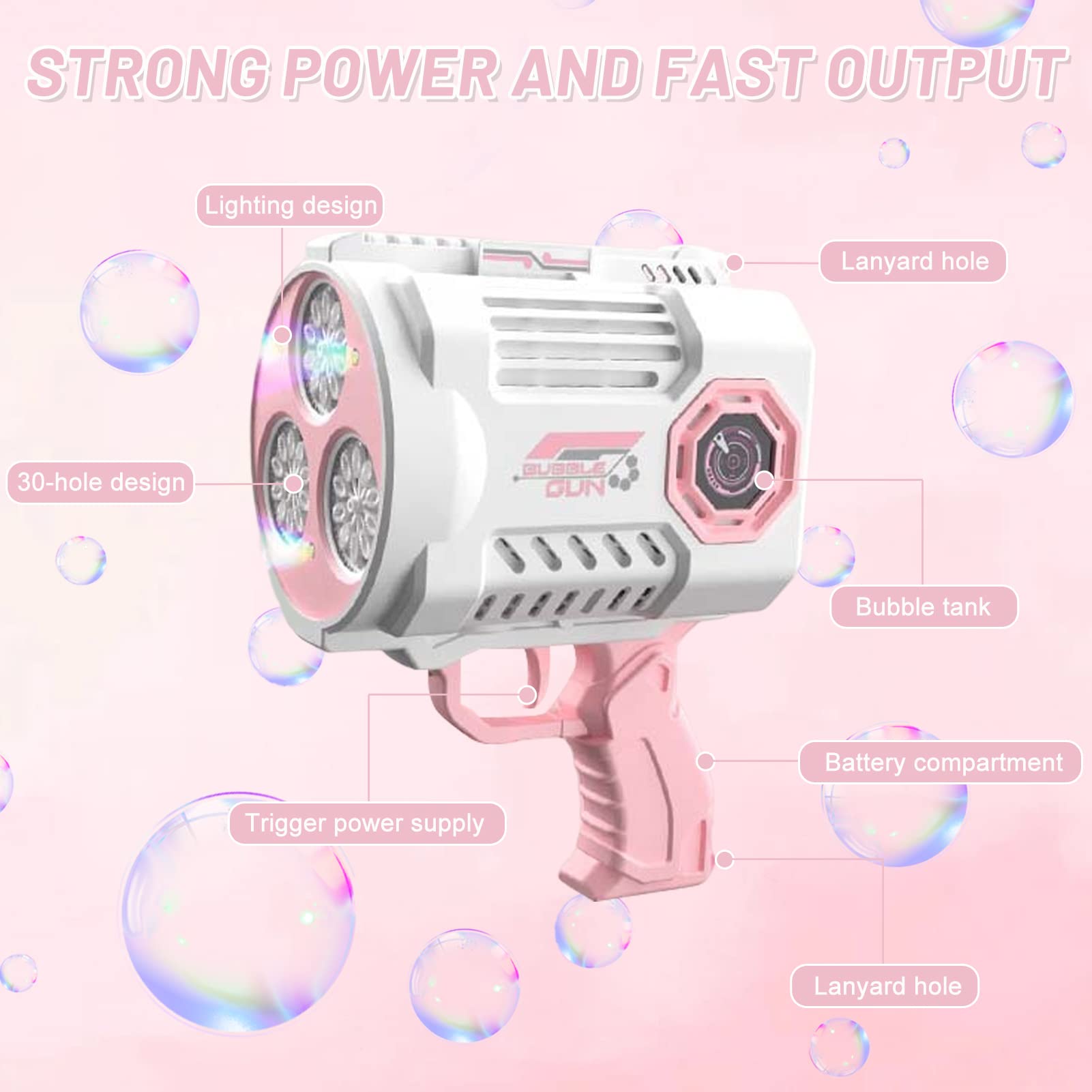 Pistolet à Bulles Gatling - 69 Trous, éclairage LED, 4000+ Bulles/min - Parfait Pour Fêtes D'enfants, Mariages, Extérieur (Rose) - 4