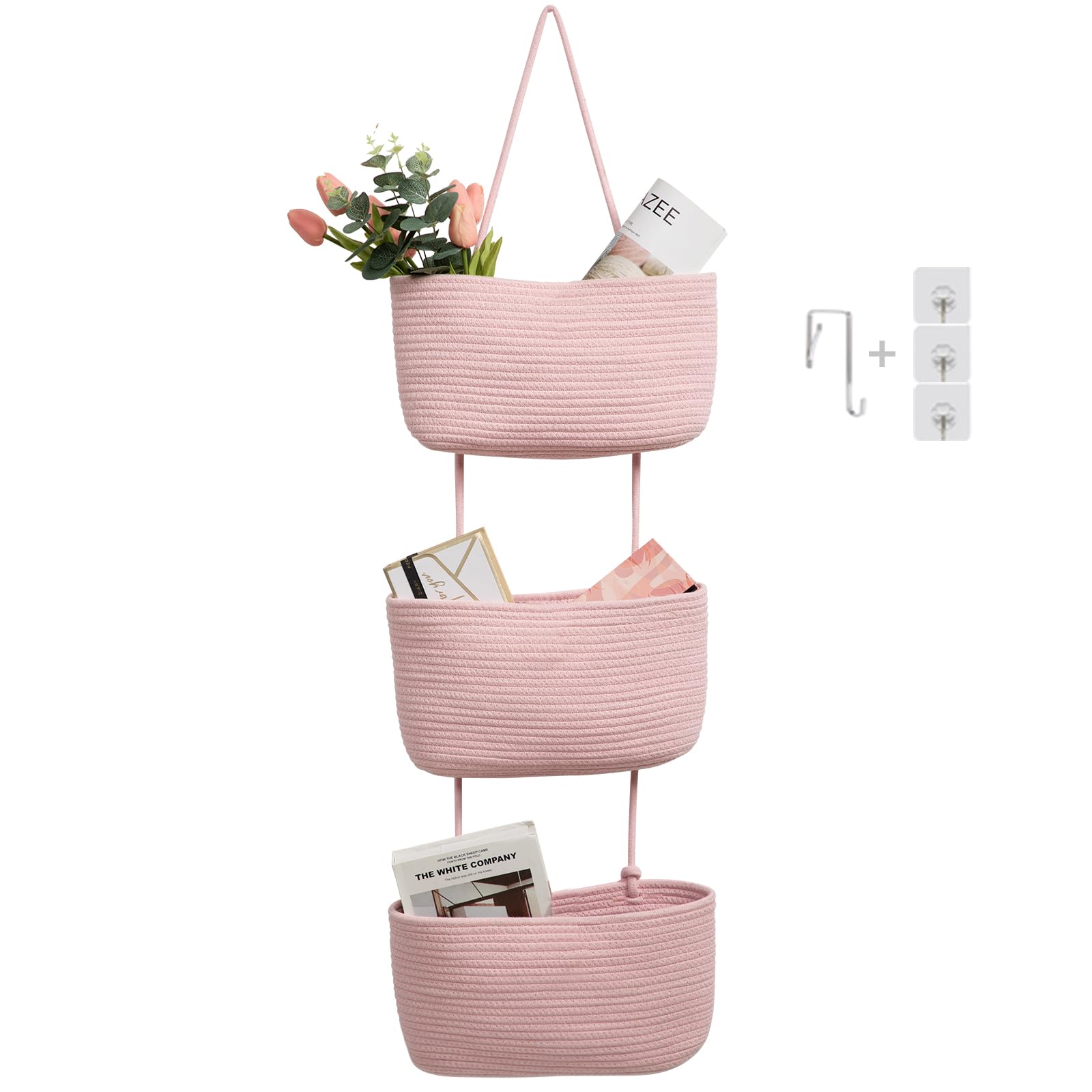 TeoKJ Hanging Basket for the Door, 3-Tier Wall Organiser, Hanging Organiser, Storage Baskets, Made of Cotton Rope, Woven with Hooks for Wall, Hanging Shelf Bathroom, Decorative Hanging Kitchen Baskets