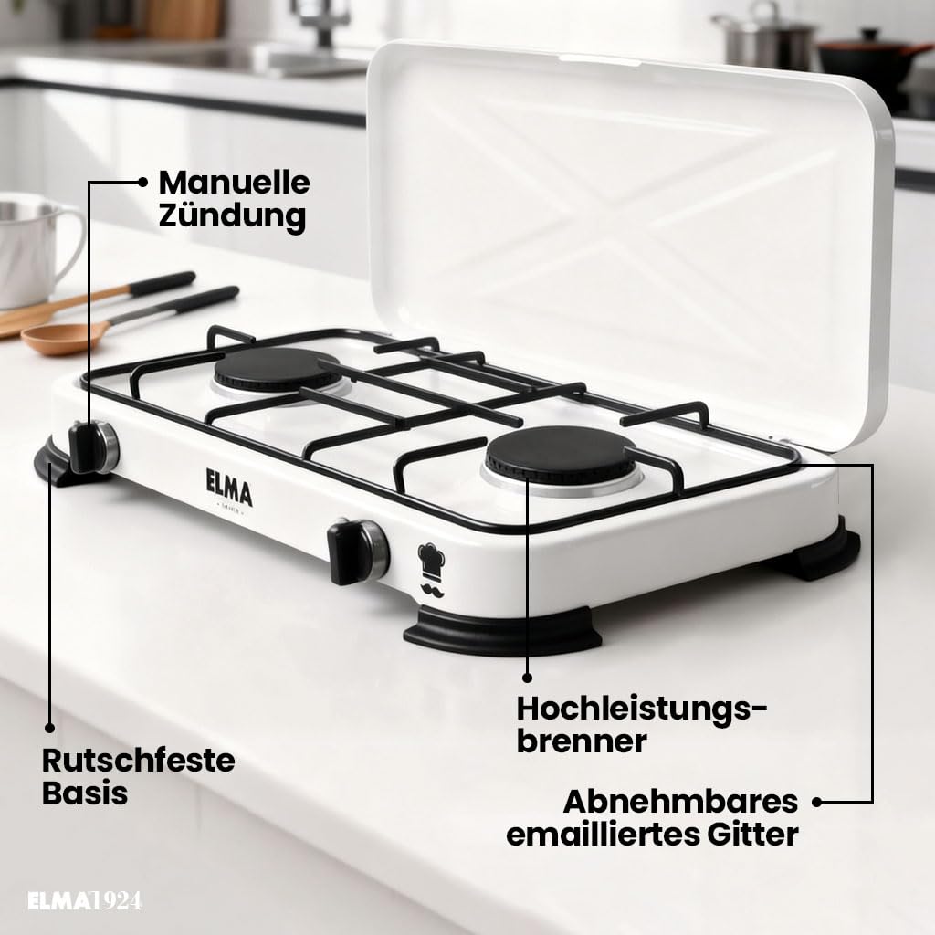 ELMA Camping Gaskocher 2-flammig, kompatibel mit Butan- und Propangas I Tragbarer Gasherd Gaskocher Campingkocher I Inklusive Montageanleitung I 58 x 25 x 5,4 cm | Weiß