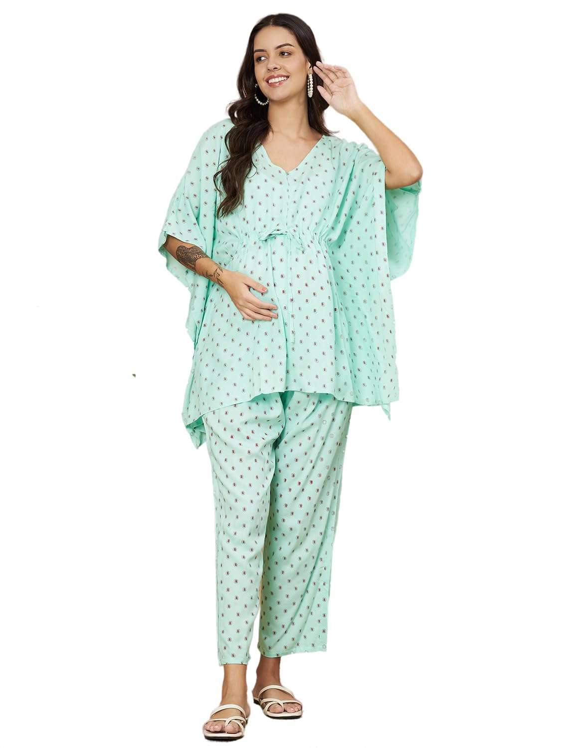 Mint Green Printed Maternity Kaftan Top with Adjustable Waist and Elasticated Pants – Comfort Fit for Pre & Post Pregnancy-image-38