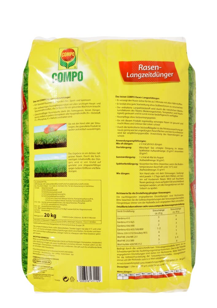 COMPO Rasendünger mit 3 Monaten Langzeitwirkung für Frühjahr und Sommer - tierfreundlich - Premium Rasen-Langzeitdünger - 20 kg für 800 m²,