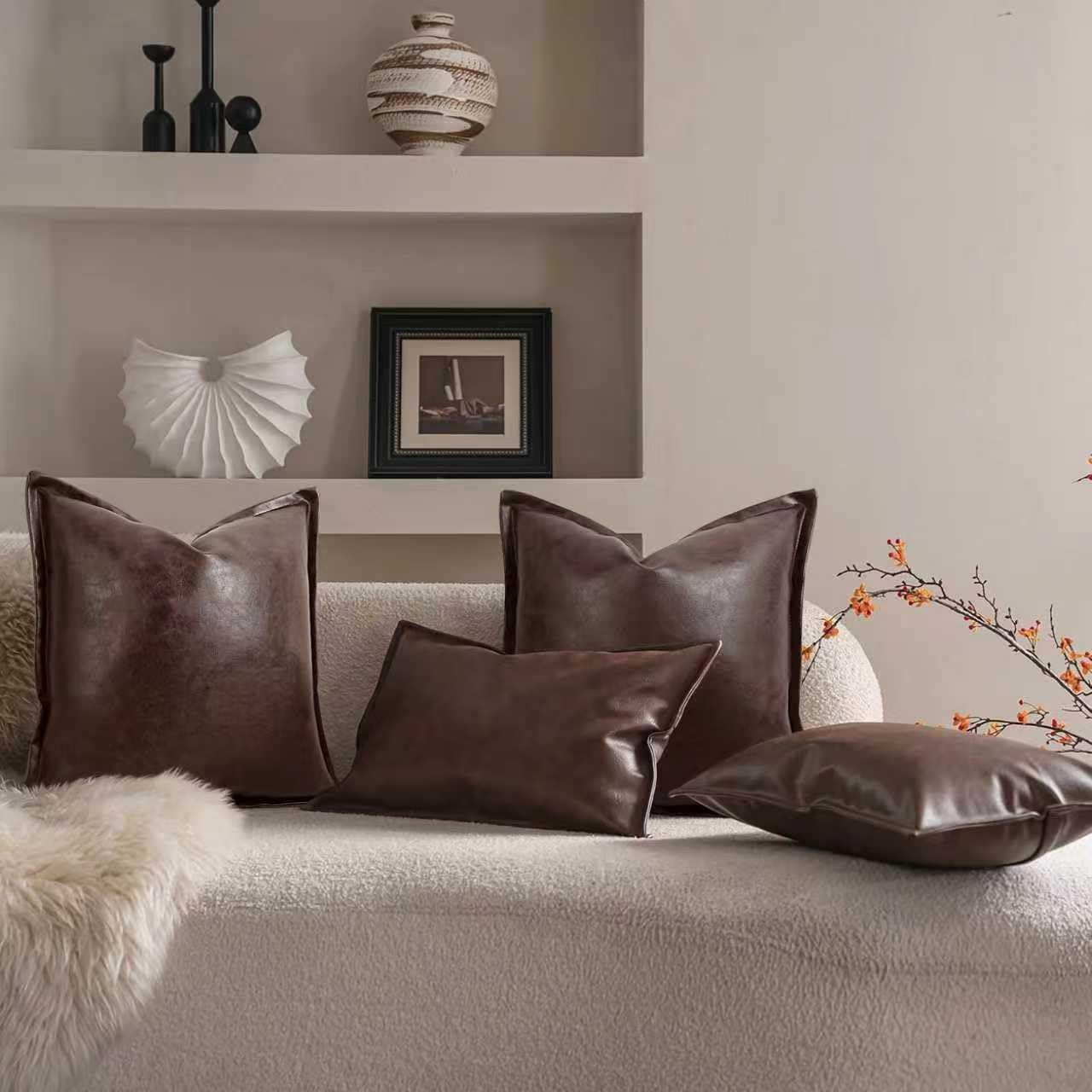 JASEN Faux Leather Decorative Throw Pillow Covers Modern 18x18 inch, Farmhouse Cushion Cases Luxury Pillowcases for Couch Bed Sofa Living Room Set of 2 (Light Brown, 18" x 18")