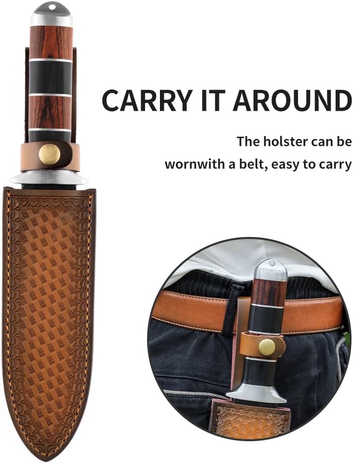 Multipurpose Outdoor Knife with Thick Leather Sheath, 12-inch Fixed Blade Knife with Gradation Mark for Camping, Gardening,Cutting, Digging,Planting, Bushcraft,Comes with Sharpeng Rod