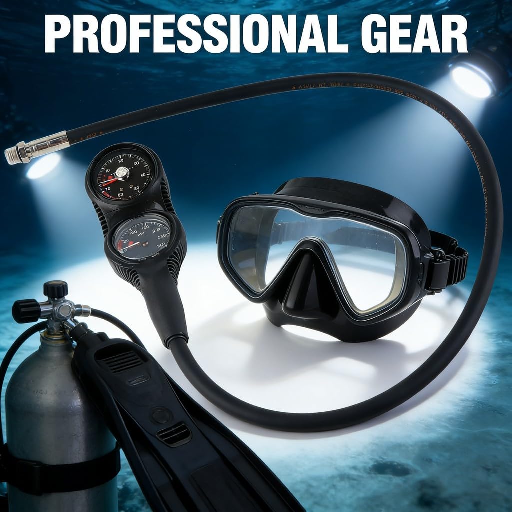 Diving Pressure Gauge Console, 2 Gauges with Depth and Pressure Measurement, Waterproof and Durable - Luminous Dial for Dark Water, Essential Dive Equipment