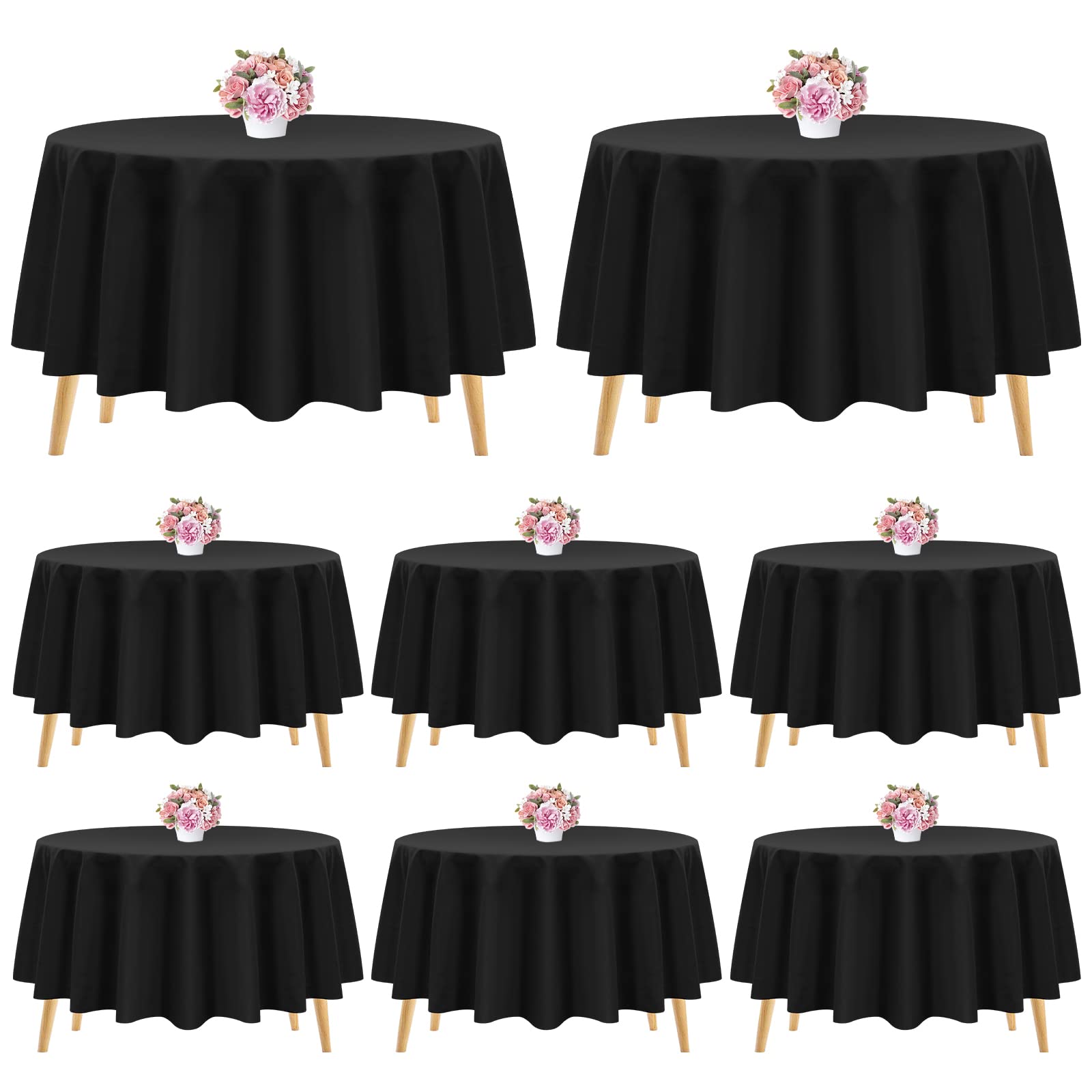 Pesonlook 8 Packs Black Polyester Round Tablecloth 90 Inch Black Round Table Cloth Washable Polyester Fabric Table Cover Circular Tablecloth for Wedding Party Birthday Banquet