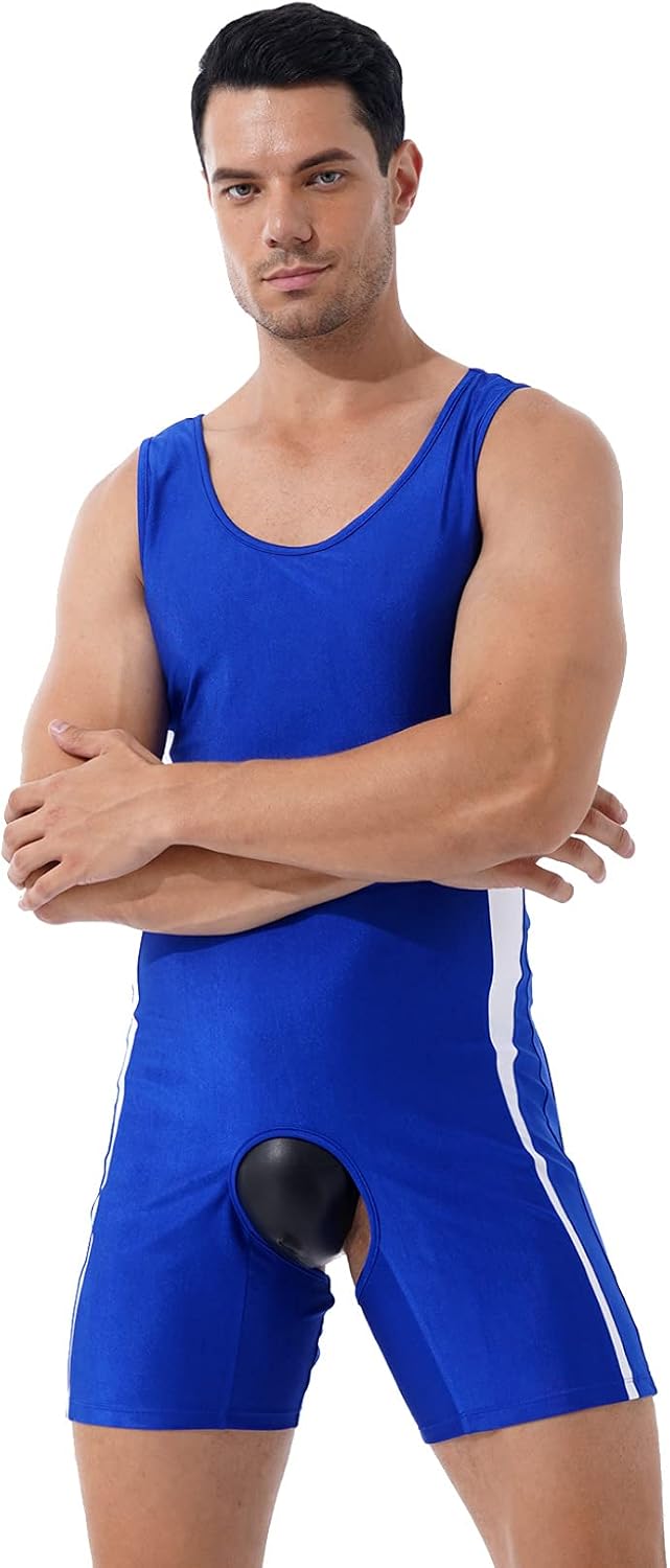 Men's U Neck Tank Boxer Shorts Bodysuits Sleeveless Unitard Soft Pajamas Leotard Nightwear