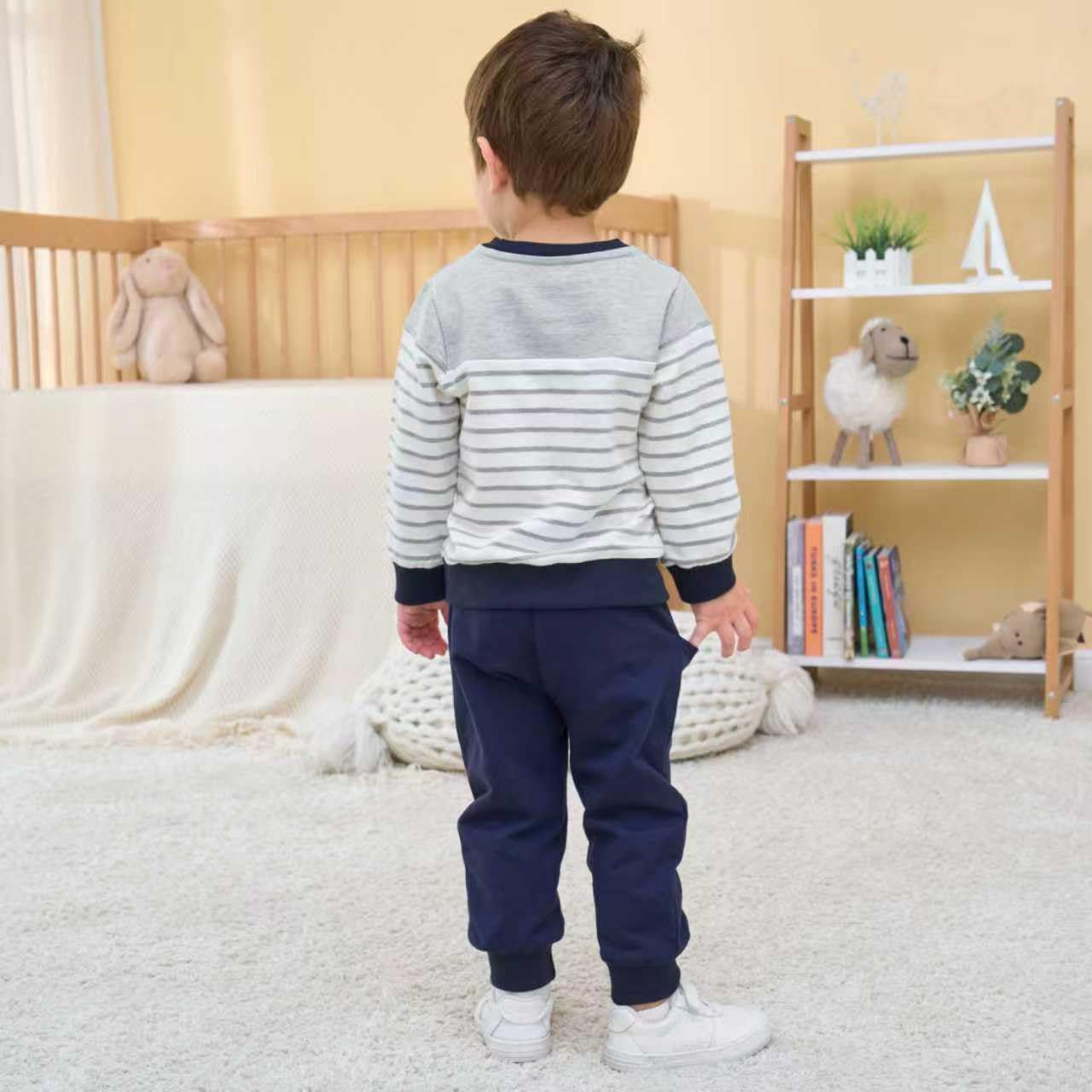 Toddler Boys Fall Outfit Baby Winter Clothes Long Sleeve Crewneck Sweatshirt Pants Set Stripe Sweats 18M-5T - Image 3