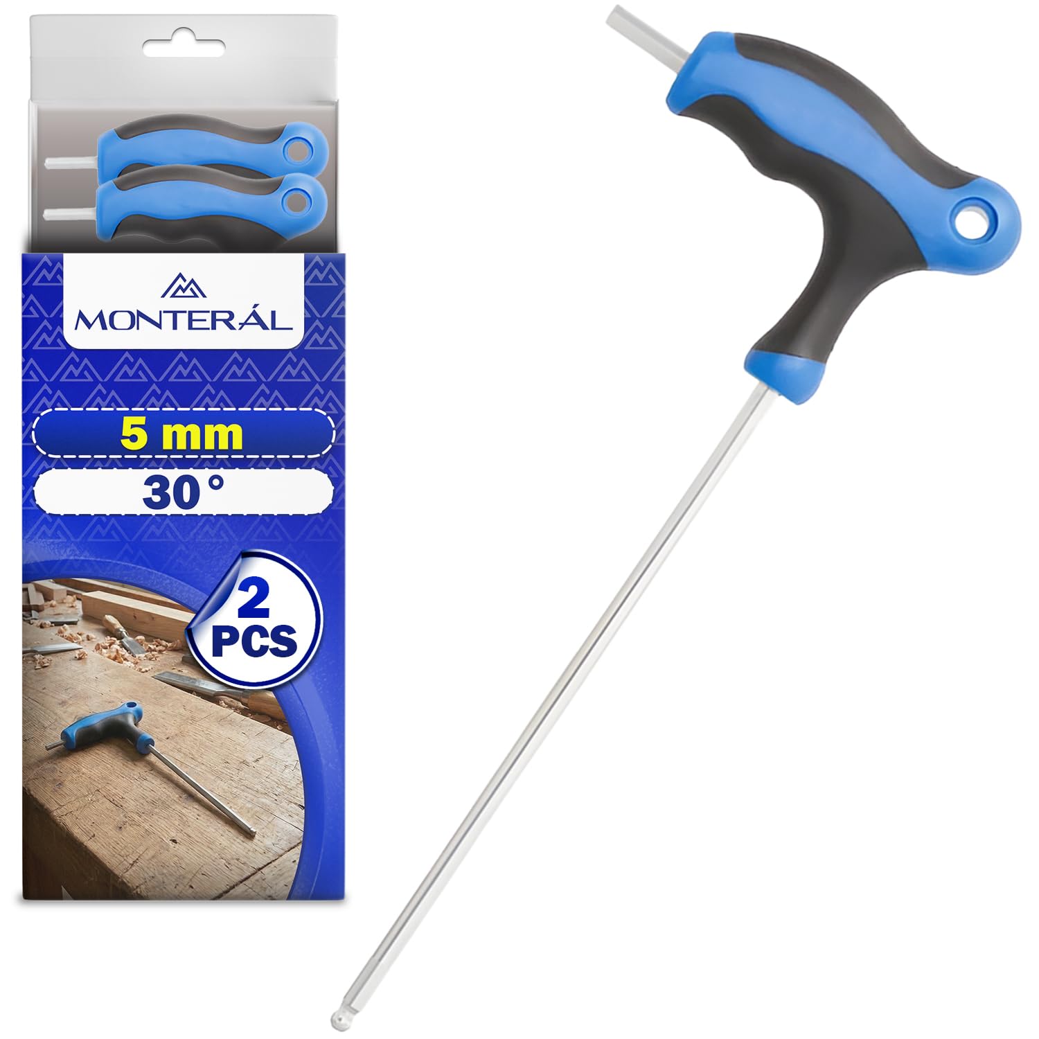 MONTERAL 2 Piezas Llave Allen con Mango en T con Punta Esférica 5 mm - Llaves Allen Permite Trabajar en Ángulos de Hasta 30° - Laves Hexagonales está Fabricada en Acero Aleado S2