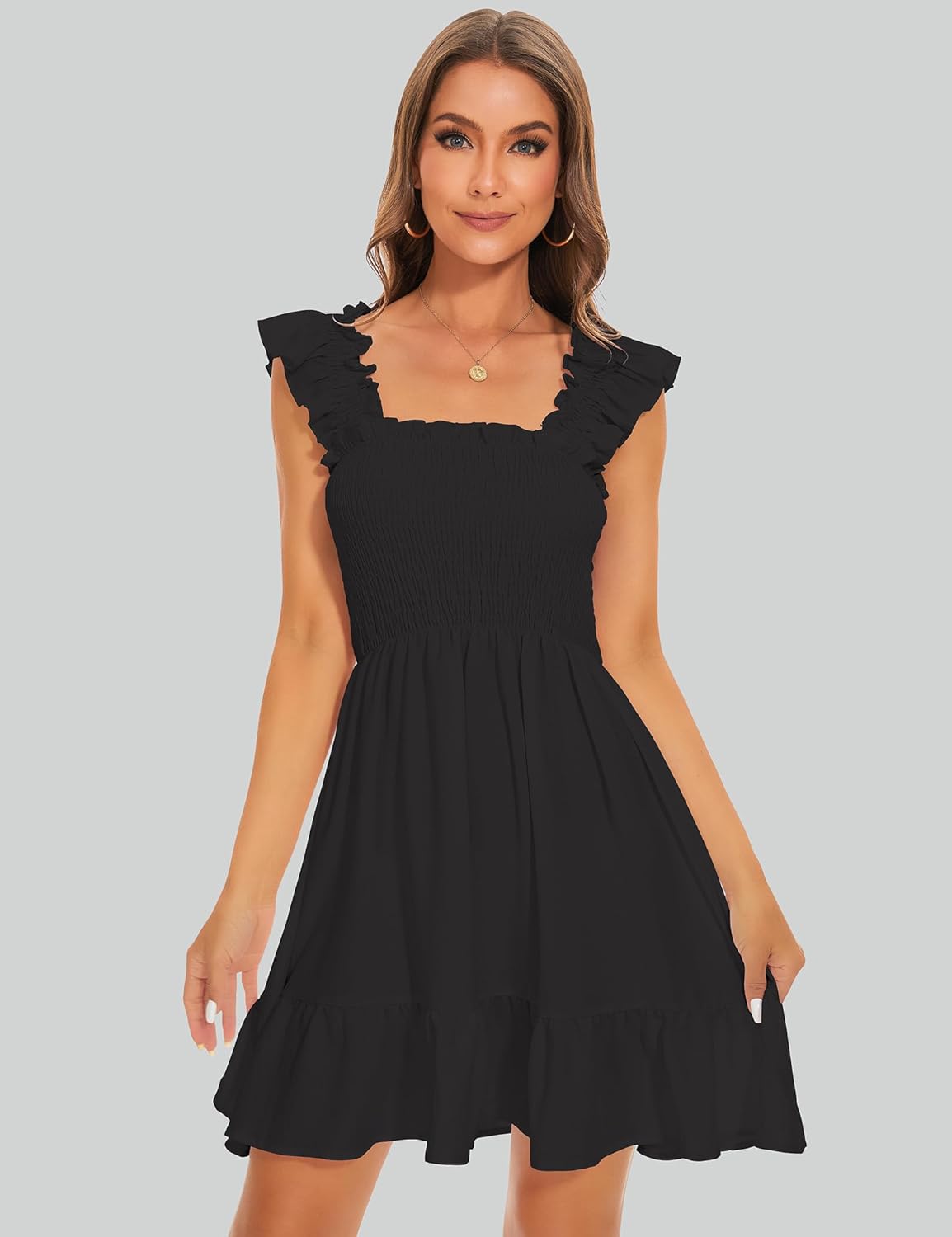 ROYLAMP Women's Smocked Dresses Square Neck Elegant Tiered Boho Ruffle Shoulder Swing Flowy Summer Casual Mini Dress - Image 2